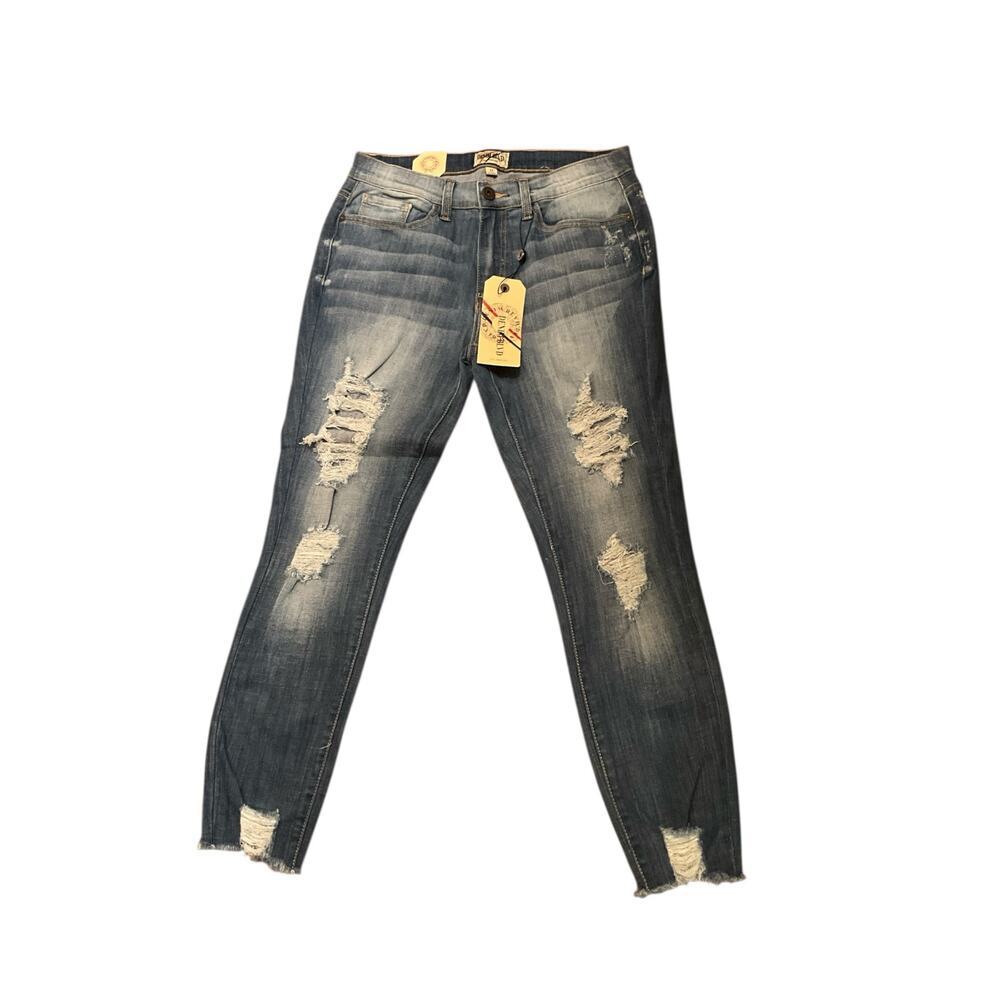Denim Blvd Los Angeles Skinny Jeans Distressed Mid Rise‎ Denim Blue Size 11 NWT